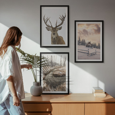 Wall art set Winter landscape deer hut