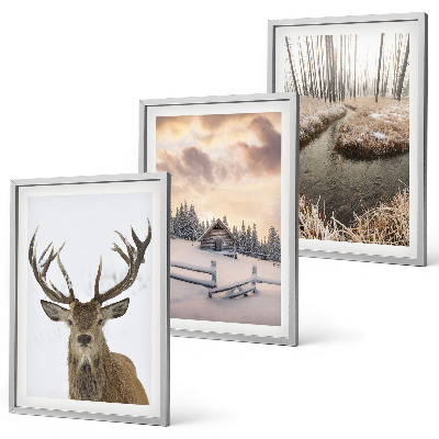 Wall art set Winter landscape deer hut