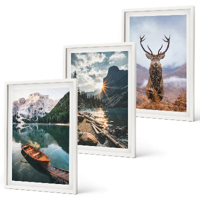 Three-piece wall art piece Mountain lake boat sunset deer