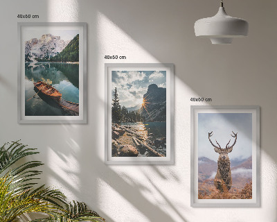 Three-piece wall art piece Mountain lake boat sunset deer