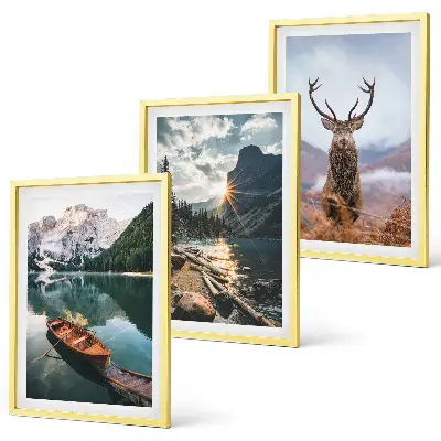 Three-piece mountain lake wall art with sunset and deer scenery