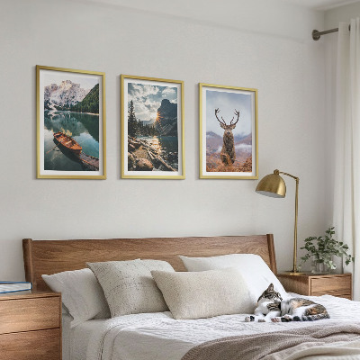 Three-piece wall art piece Mountain lake boat sunset deer