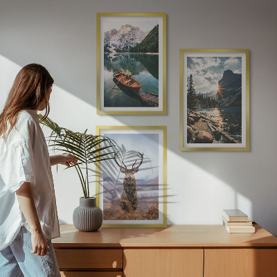 Three-piece wall art piece Mountain lake boat sunset deer