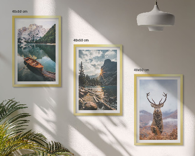 Three-piece wall art piece Mountain lake boat sunset deer