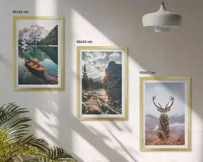 Three-piece mountain lake wall art with sunset and deer scenery