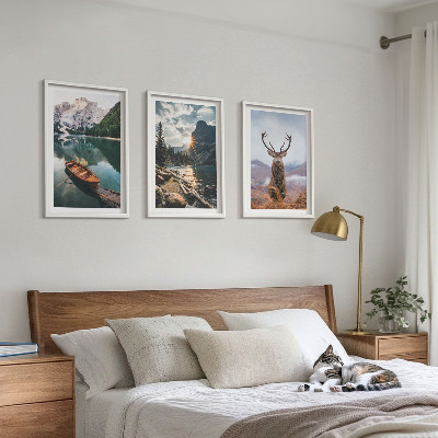 Three-piece wall art piece Mountain lake boat sunset deer