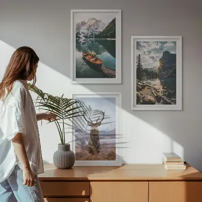 Three-piece mountain lake wall art with sunset and deer scenery