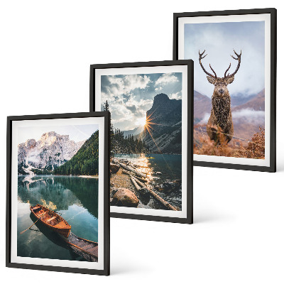 Three-piece wall art piece Mountain lake boat sunset deer