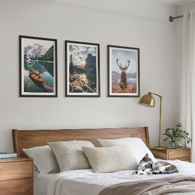 Three-piece wall art piece Mountain lake boat sunset deer