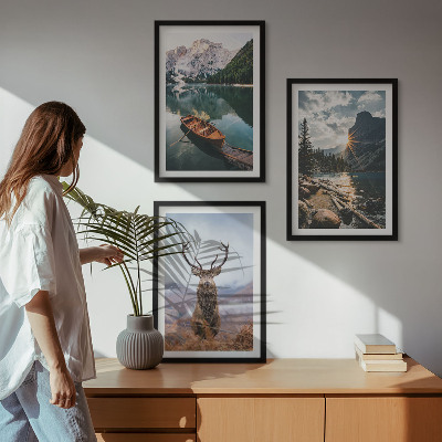 Three-piece wall art piece Mountain lake boat sunset deer
