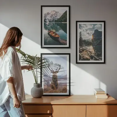 Three-piece mountain lake wall art with sunset and deer scenery