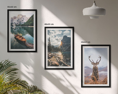Three-piece wall art piece Mountain lake boat sunset deer