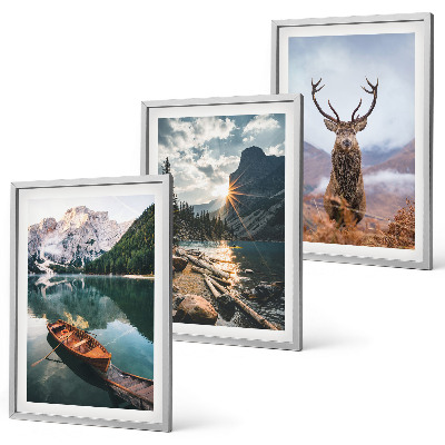 Three-piece wall art piece Mountain lake boat sunset deer