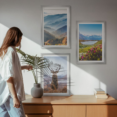 Set of 3 framed wall art pieces Mountain lake deer nature