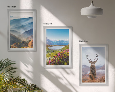 Set of 3 framed wall art pieces Mountain lake deer nature