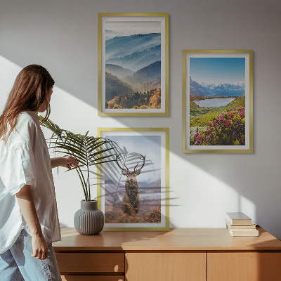 Set of 3 framed wall art pieces Mountain lake deer nature