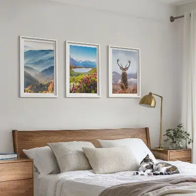 Mountain lake deer nature framed wall art set of 3 pieces
