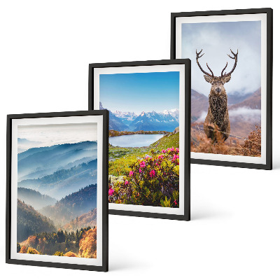 Set of 3 framed wall art pieces Mountain lake deer nature