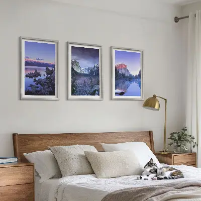 Mountain landscape wall art set featuring sunsets and water views