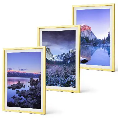 Mountain landscape wall art set featuring sunsets and water views