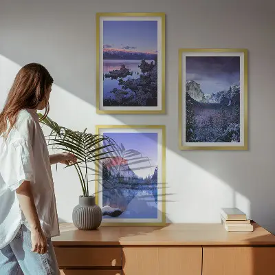 Mountain landscape wall art set featuring sunsets and water views