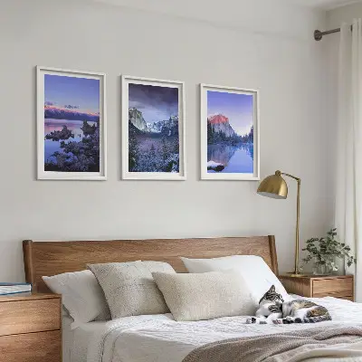 Mountain landscape wall art set featuring sunsets and water views