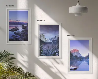 Mountain landscape wall art set featuring sunsets and water views