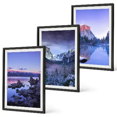 Mountain landscape wall art set featuring sunsets and water views