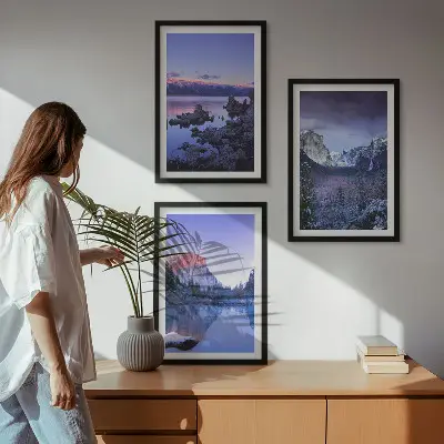 Mountain landscape wall art set featuring sunsets and water views