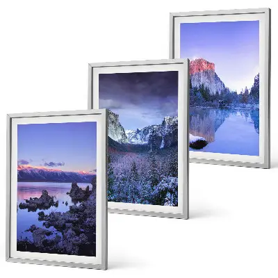 Mountain landscape wall art set featuring sunsets and water views