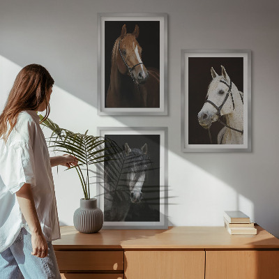 Three-piece wall art piece Portraits of horses in shades of fur