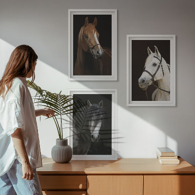 Three-piece wall art piece Portraits of horses in shades of fur
