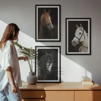 Three-piece horse portrait wall art in shades of fur