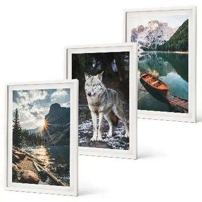 Set of 3 framed wall art pieces featuring mountain lake and wolf scenery