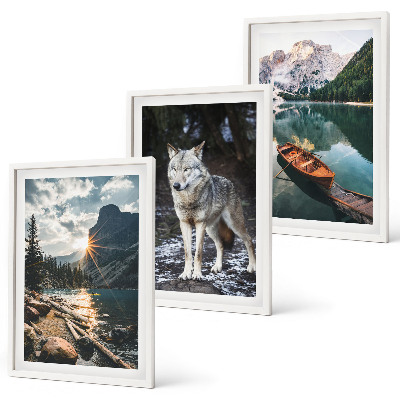 Set of 3 framed wall art pieces Mountains lakes wolf nature