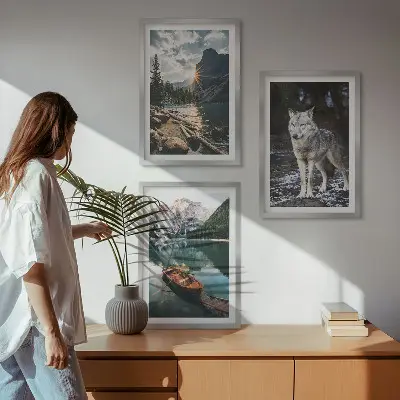 Set of 3 framed wall art pieces featuring mountain lake and wolf scenery