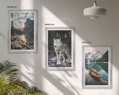Set of 3 framed wall art pieces Mountains lakes wolf nature