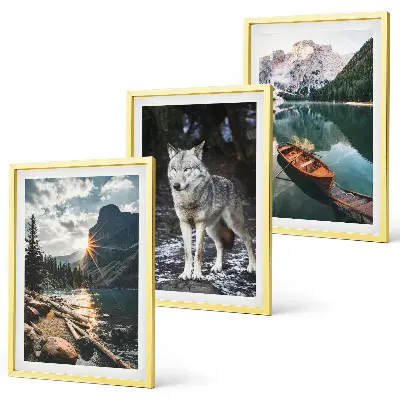 Set of 3 framed wall art pieces featuring mountain lake and wolf scenery