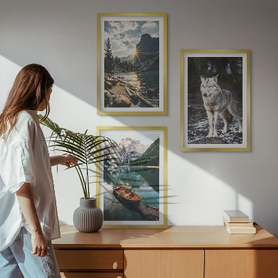 Set of 3 framed wall art pieces Mountains lakes wolf nature