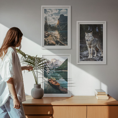 Set of 3 framed wall art pieces Mountains lakes wolf nature