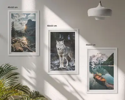 Set of 3 framed wall art pieces featuring mountain lake and wolf scenery