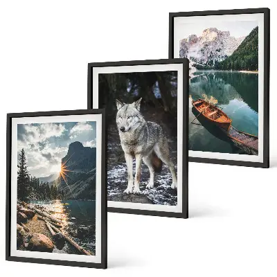 Set of 3 framed wall art pieces featuring mountain lake and wolf scenery