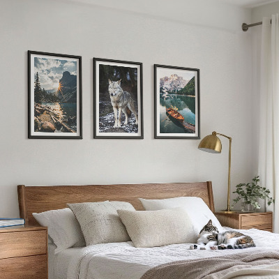Set of 3 framed wall art pieces Mountains lakes wolf nature