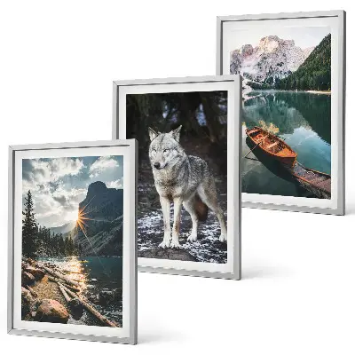 Set of 3 framed wall art pieces featuring mountain lake and wolf scenery
