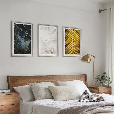 Three-piece wall art set with geometric patterns and vegetation