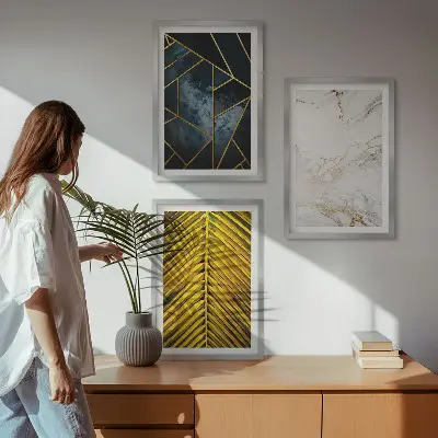 Three-piece wall art set with geometric patterns and vegetation
