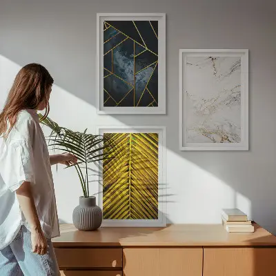 Three-piece wall art set with geometric patterns and vegetation