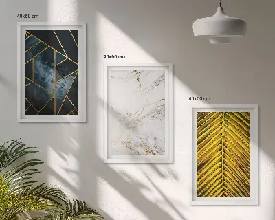 Three-piece wall art set with geometric patterns and vegetation