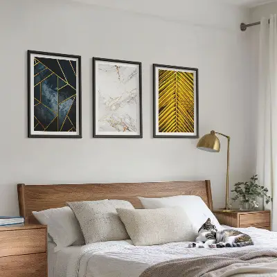Three-piece wall art set with geometric patterns and vegetation