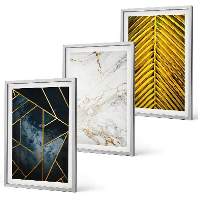 Three-piece wall art set with geometric patterns and vegetation